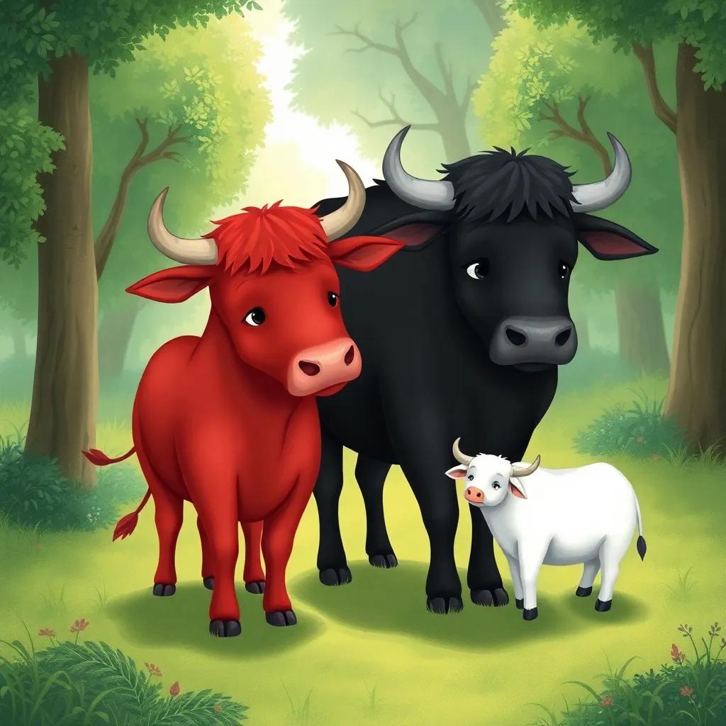 Two bulls, the red one and the black one, standing sadly after losing their friend, the white bull. The scene shows them in a lush green area, with a soft light filtering through the trees, somber mood, emotional illustration, high quality.