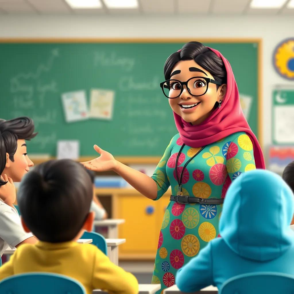 A cheerful teacher, Ms. Layla, a Middle-Eastern woman in her 30s wearing a colorful dress and glasses, demonstrating a fun game to the class, digital illustration, bright classroom environment, engaging scene, high quality
