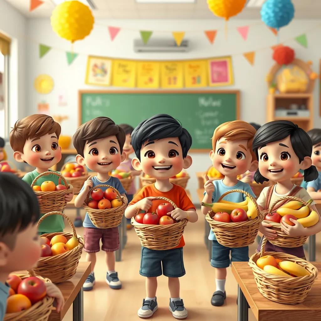 A classroom scene with children holding baskets filled with fruits like apples and bananas, everyone smiling and exchanging fruits, bright and colorful decorations around, digital art, lively and inviting, high quality