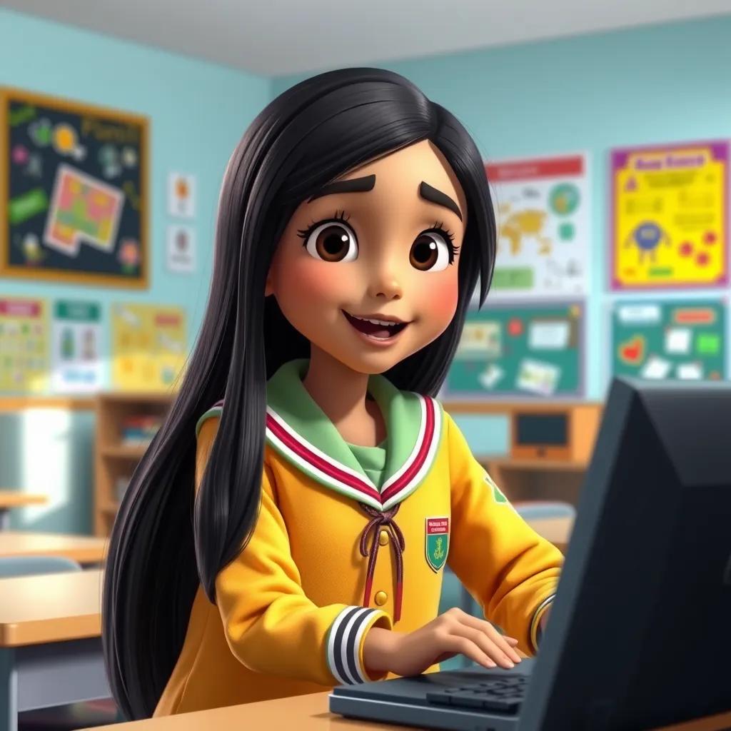 A young Arab girl, Fatima, with long black hair wearing a colorful school uniform, sitting in a classroom with a computer, excited expression, bright classroom with educational posters, digital art, vibrant colors, cheerful atmosphere, high quality