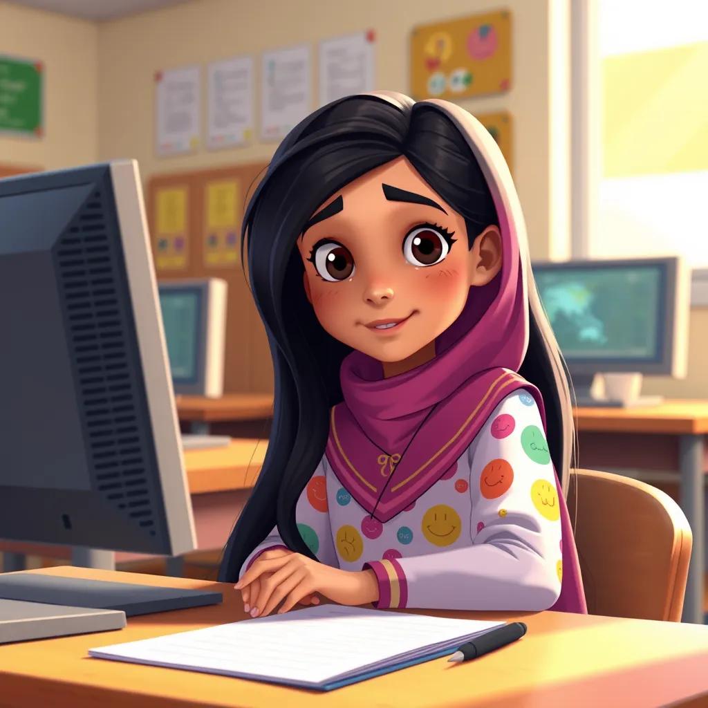 Fatima, a young Arab girl, with long black hair wearing a colorful school uniform, sitting at her desk in front of a computer, listening attentively to her teacher, warm lighting, engaging classroom, friendly environment, detailed illustration, educational