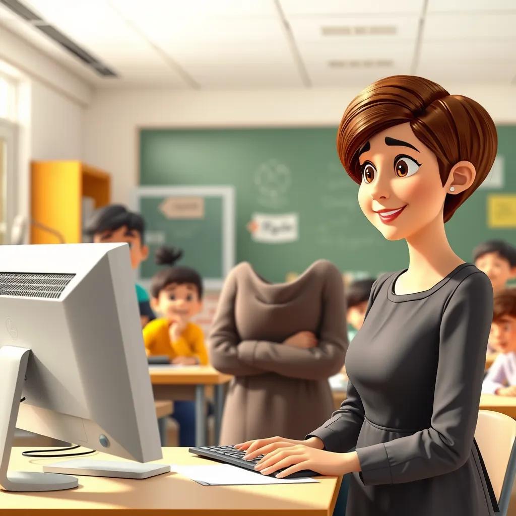 Teacher Mariam, an Arab woman, with short brown hair wearing a modest dress, standing at the front of the class explaining how to use a computer, enthusiastic students in the background, bright classroom, digital art, focus on teaching, lively atmosphere
