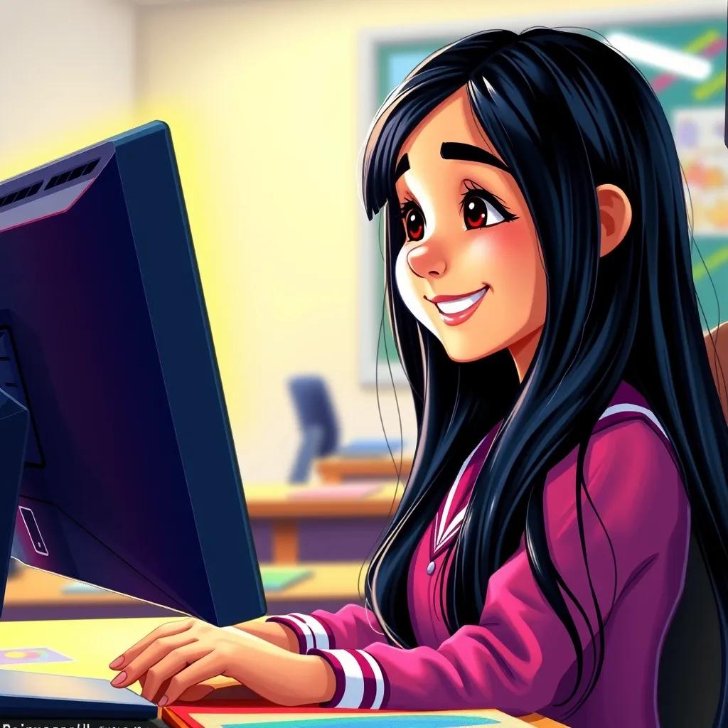 Fatima, a young Arab girl, with long black hair wearing a colorful school uniform, smiling at the brightly lit computer screen showing colorful images, joyful excitement, modern classroom environment, detailed painting, vibrant colors