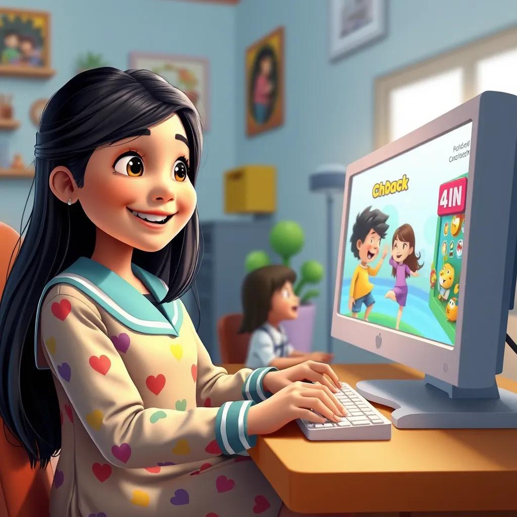 Fatima, a young Arab girl, with long black hair wearing a colorful school uniform, happily playing an educational game on her computer with friends, colorful and fun digital game on the screen, playful atmosphere, high quality digital art