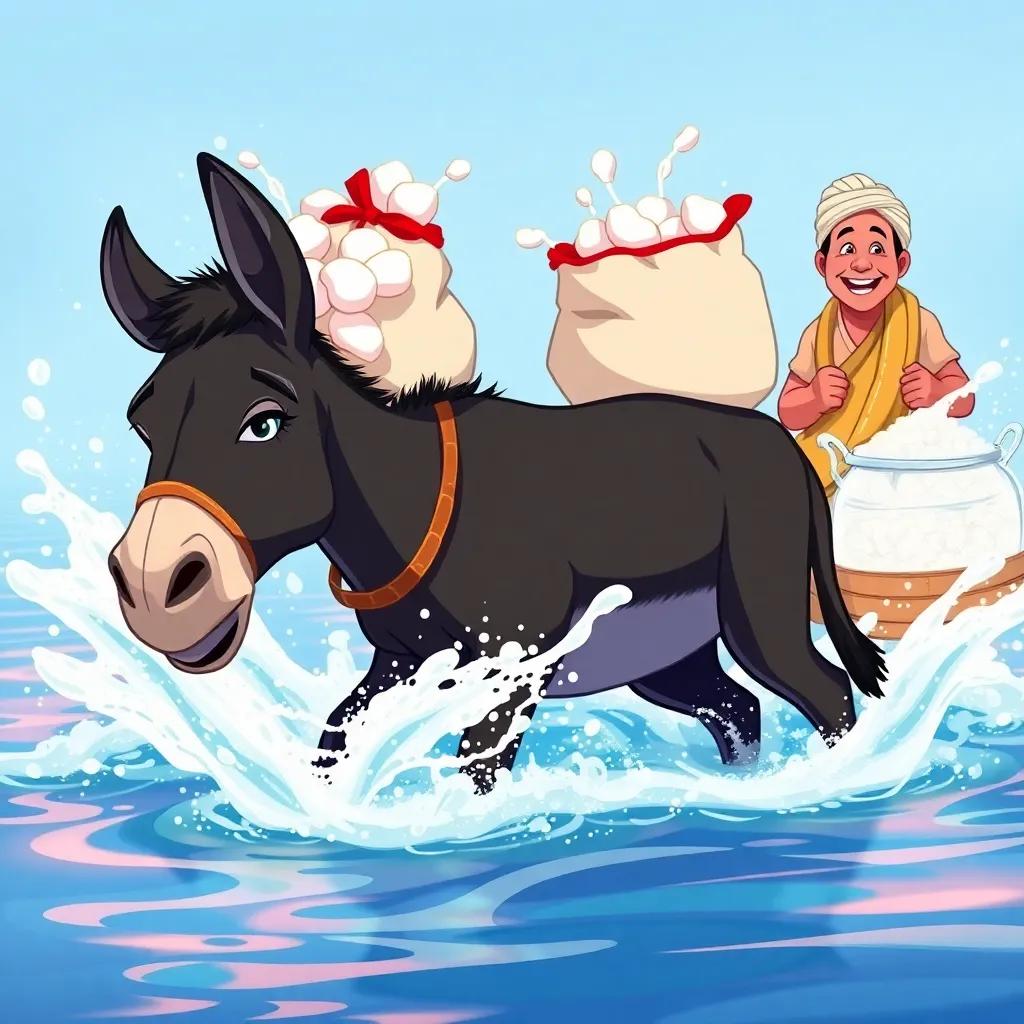 A black donkey struggling in the water with cotton-filled bags on its back, surrounded by splashing water, the salt seller laughing nearby, colorful illustration, vibrant, humorous, focus on the donkey's expression