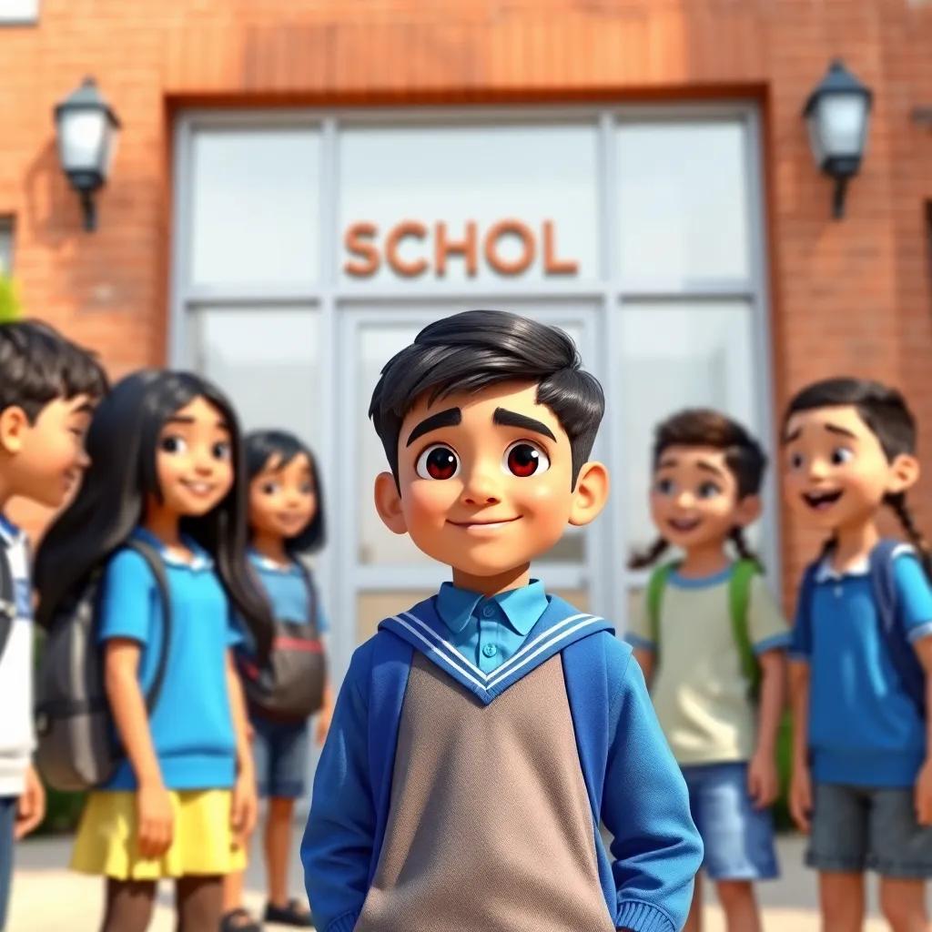 A young Arab boy, Samir, with short black hair, wearing a blue school uniform, standing in front of a primary school building in London with his friends, cheerful atmosphere, digital art, vibrant colors, sunny day, friendly interaction, high quality