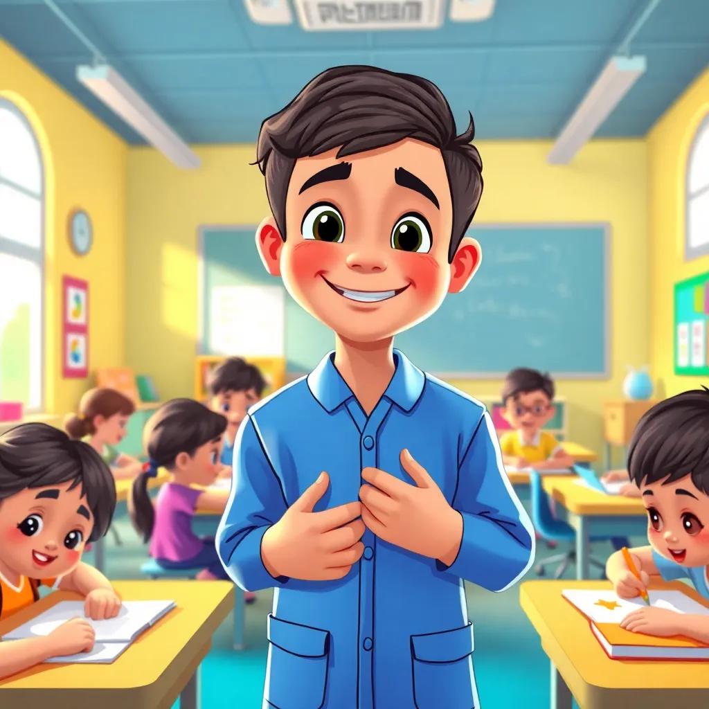 A lively classroom with children working on their activities, Samir, a young Arab boy in a blue school uniform, smiling with his friends around him, colorful classroom setting, warm light, engaging learning environment, illustration, child-friendly, high quality