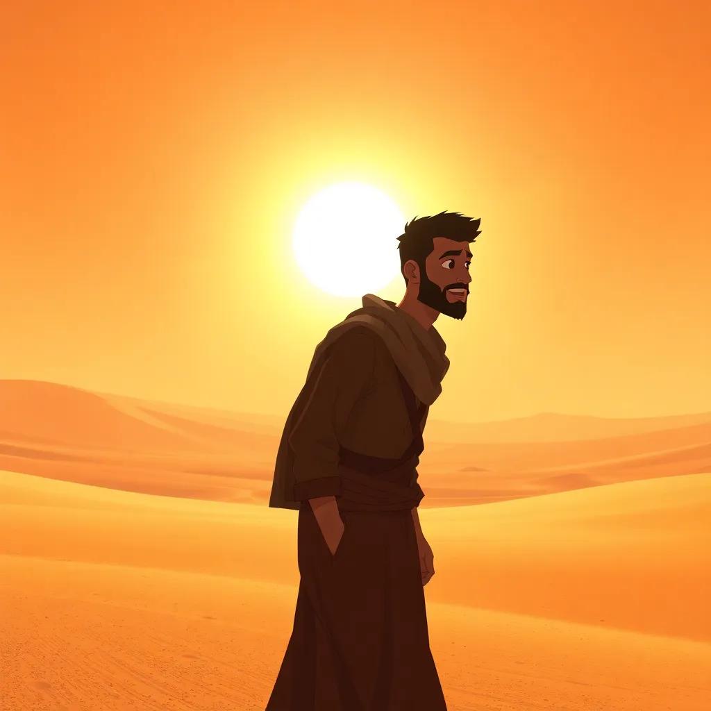 Two close friends, Omar and Sami, walking in a vast desert under the bright sun, a tense atmosphere as they argue, detailed digital art, warm tones, emotional expressions, high quality