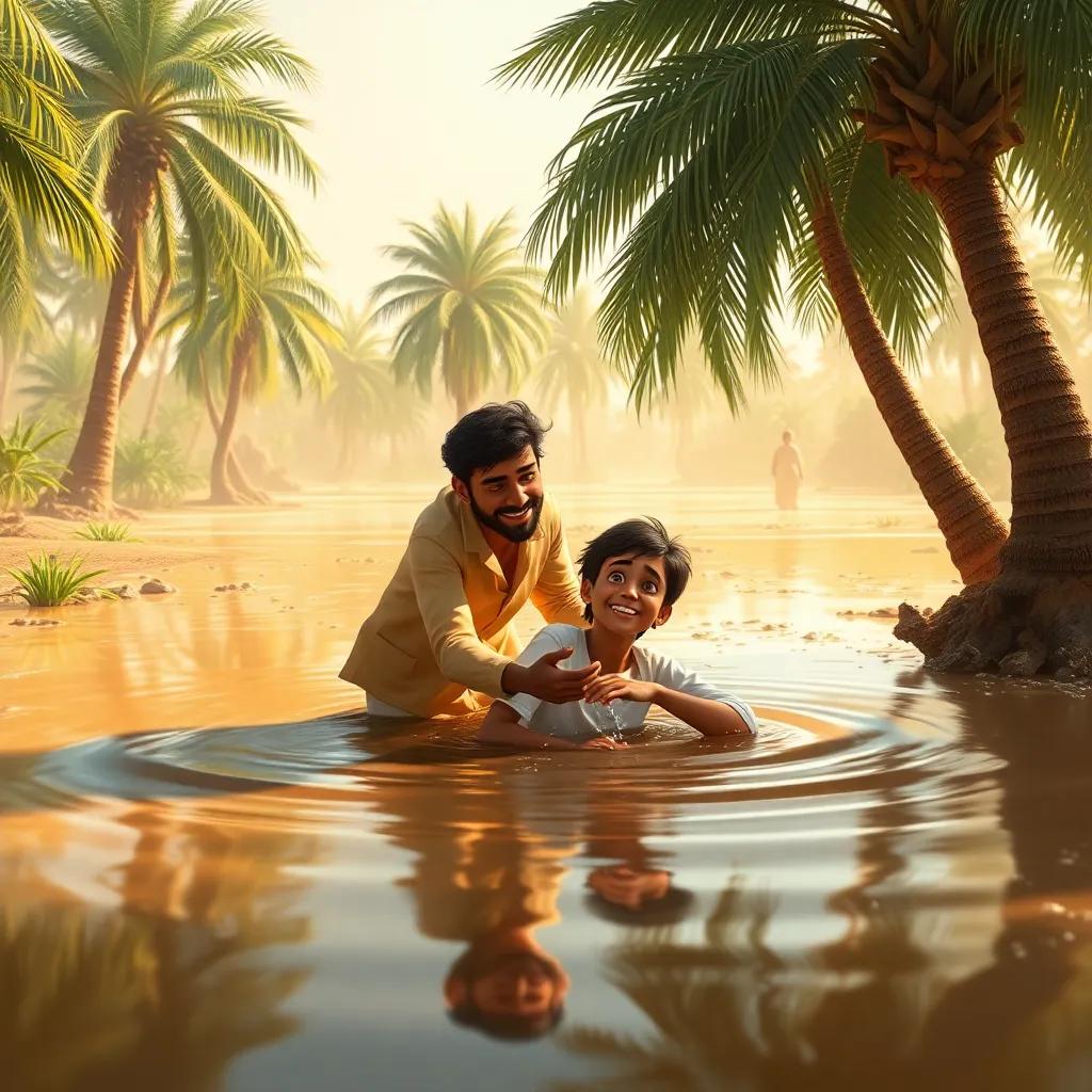 Omar saving Sami from sinking in a muddy swamp next to a beautiful oasis, lush palms and sparkling water around them, action scene, warm light, vivid colors, high quality