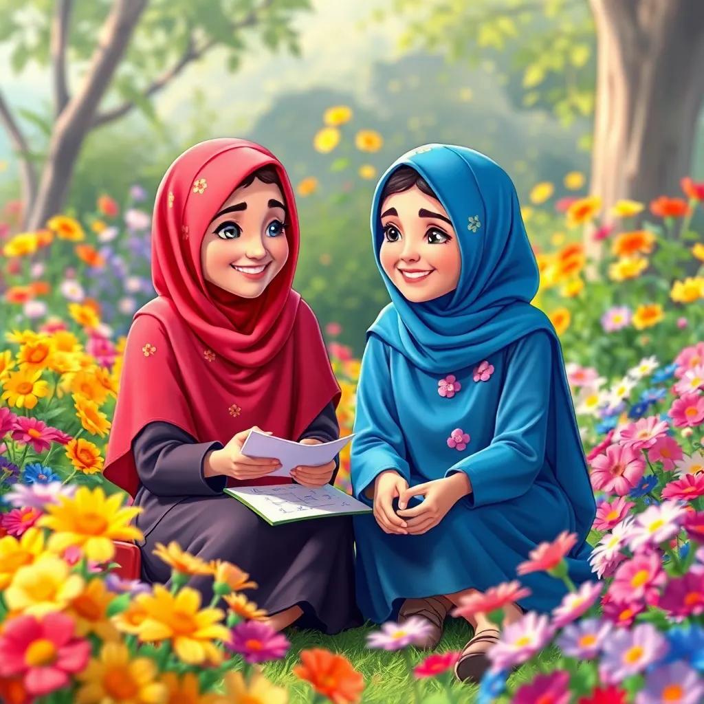 Two young Arab girls, Sada and Leila, sitting in a colorful garden with flowers, discussing math happily, vibrant colors, cheerful atmosphere, digital art, high quality