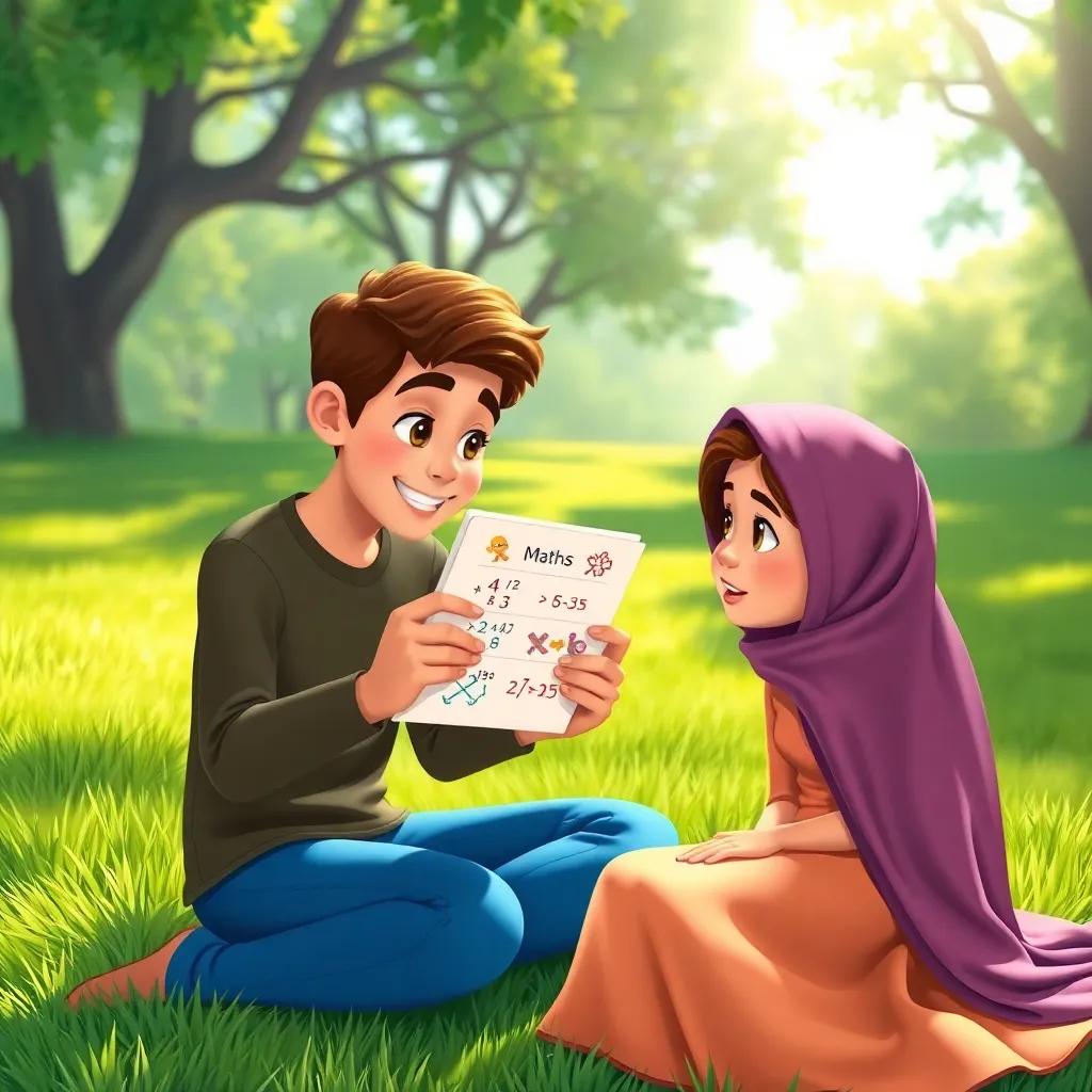 Sada explaining math rules to Leila, holding a colorful notebook with illustrations, sitting on a green grass field, sunlight filtering through trees, inviting scene, detailed, child-friendly