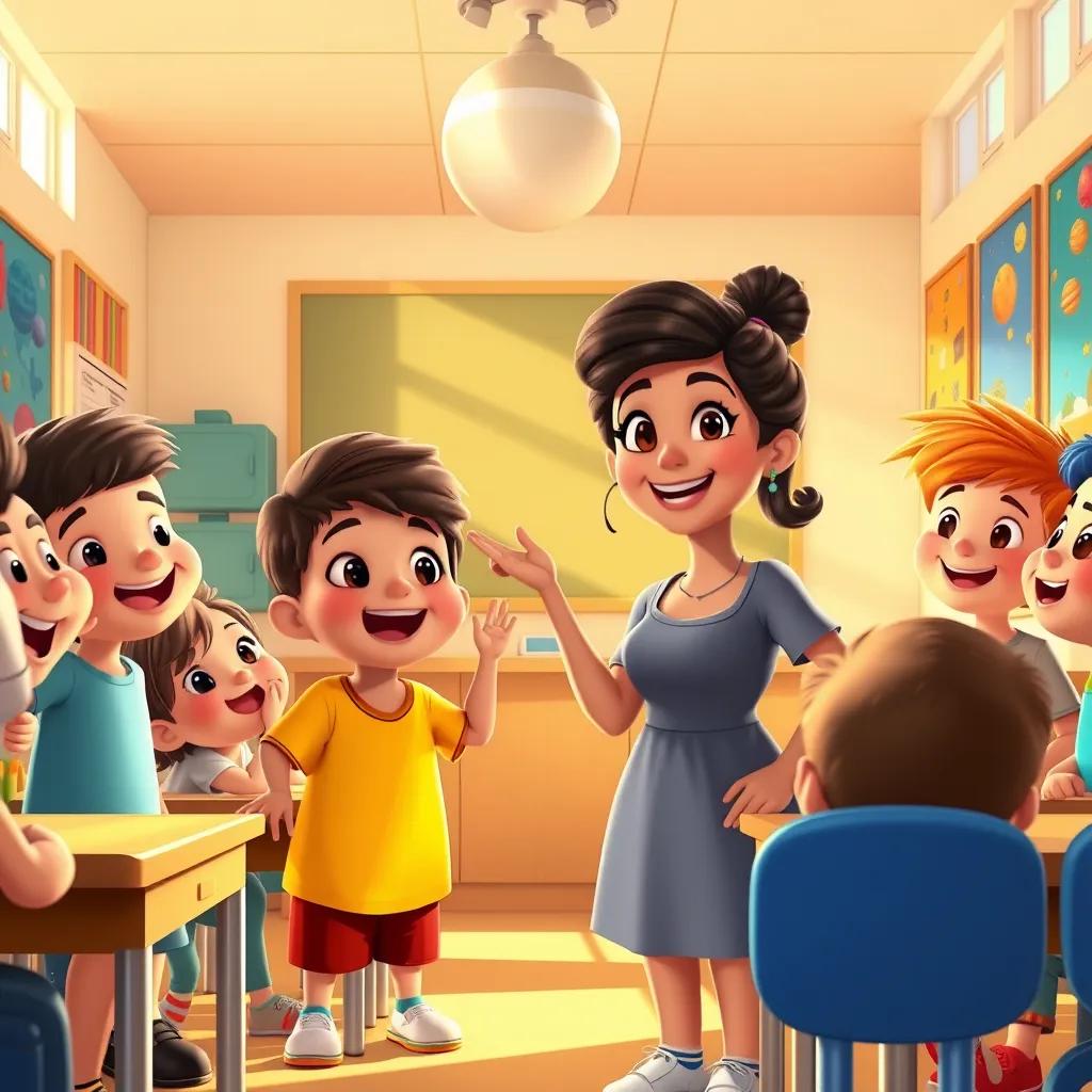 A bright and sunny classroom filled with excited children, with a cheerful teacher, Hala, ready to teach about planets, colorful posters on the walls, digital art, warm sunlight, inviting atmosphere, high quality