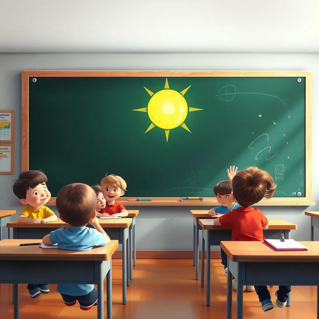 A large drawing of the sun on the blackboard, with children sitting at desks, looking amazed, digital painting, bright colors, educational theme, joyful perspective, cheerful