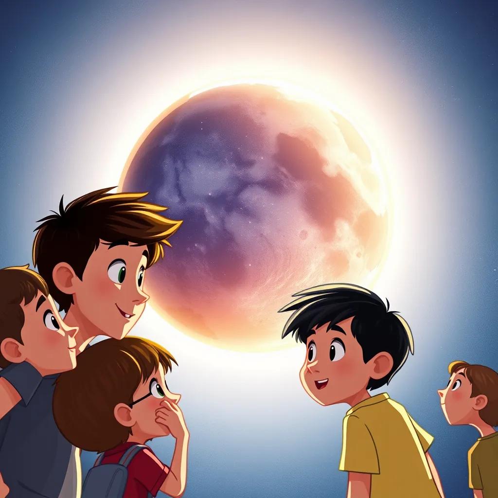 A close-up view of Mercury, the smallest planet, with kids gazing at its image, curiosity on their faces, illustration, engaging visual, child-friendly, colorful