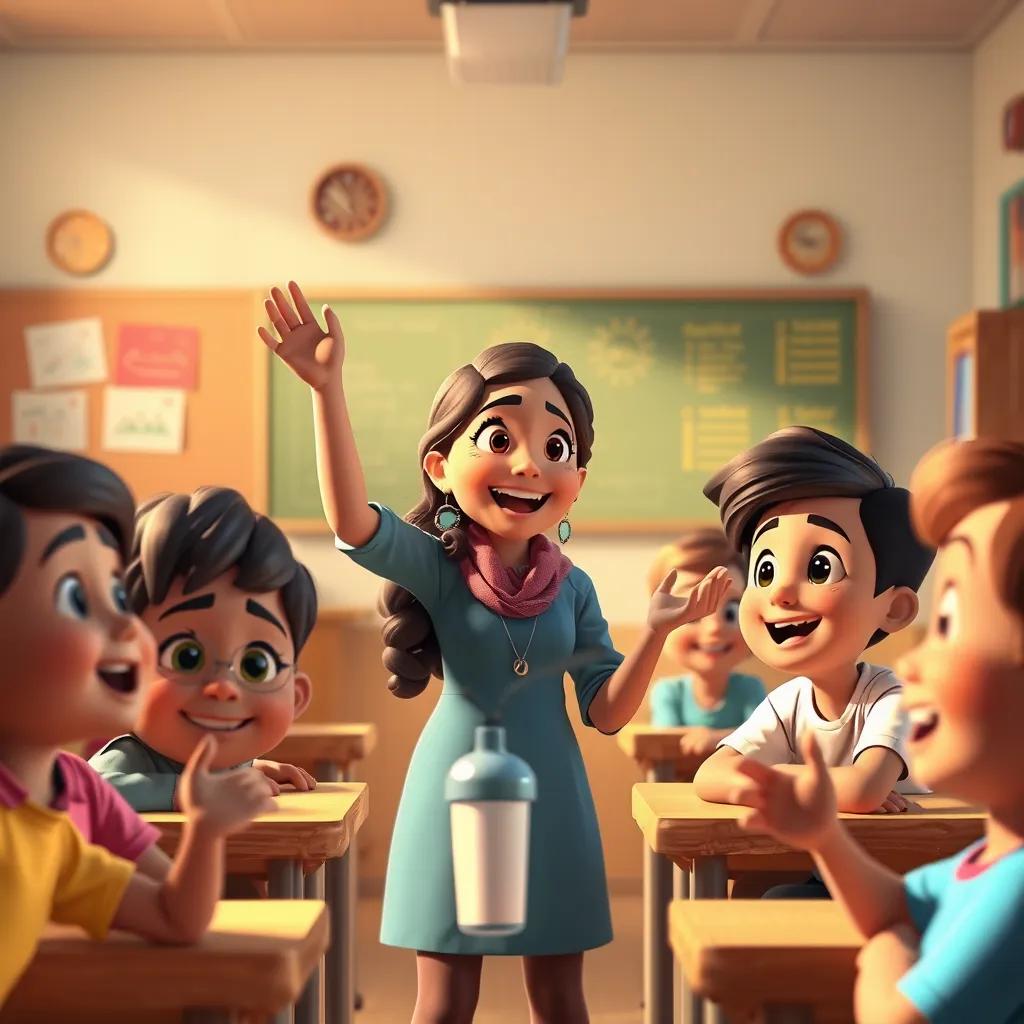 A classroom scene with Hala, the teacher, encouraging children to explore space, filled with enthusiasm, warm lighting, happy expressions, optimistic perspective, high quality
