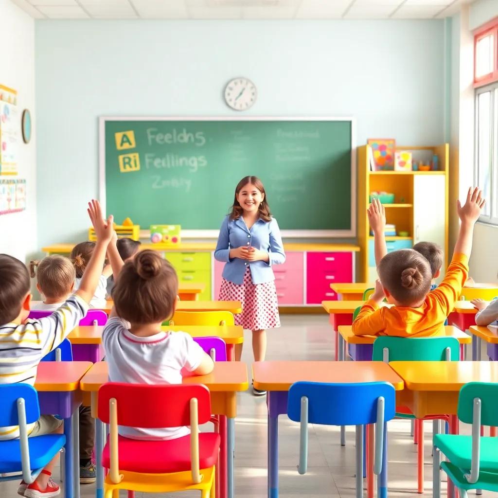 A classroom scene with children sitting at colorful desks, a smiling teacher, Leila, standing in front explaining feelings, children raising their hands, digital art, bright colors, cheerful atmosphere, high quality