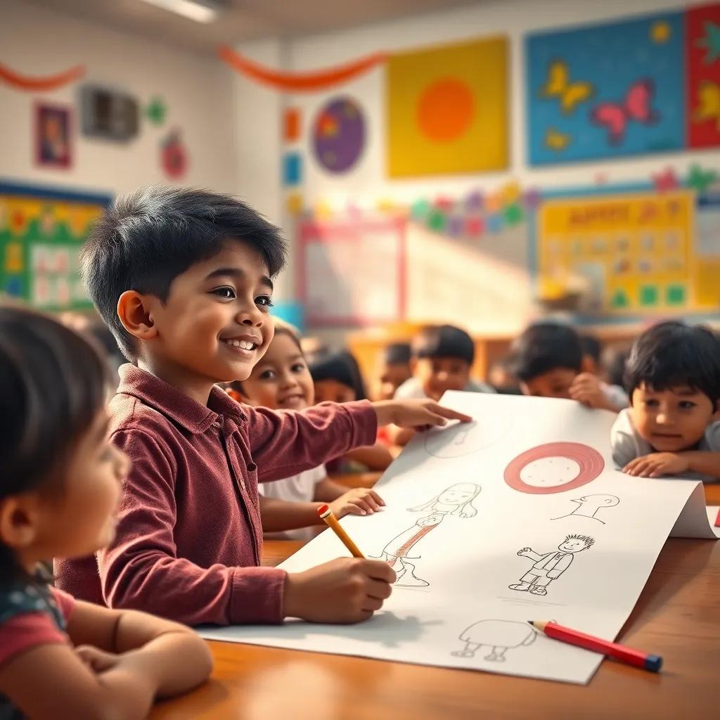 A group of children in a classroom drawing on a large paper, a boy named Ahmed pointing at his drawing, a girl smiling, vibrant classroom decorations, digital painting, lively colors, warm and engaging light, high quality