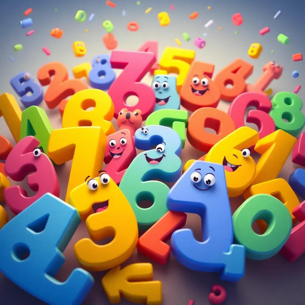 A colorful world of numbers with various cartoonish numbers happily interacting, joyful atmosphere, children-friendly, cheerful style