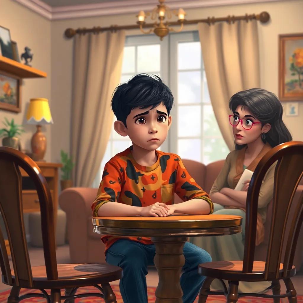 A young boy, Ali, with short black hair, wearing a colorful shirt and jeans, sitting at a small table with a worried expression, talking to his mother who looks concerned, inside a cozy living room with soft lighting and warm colors, digital art, cheerful atmosphere, engaging perspective, high quality
