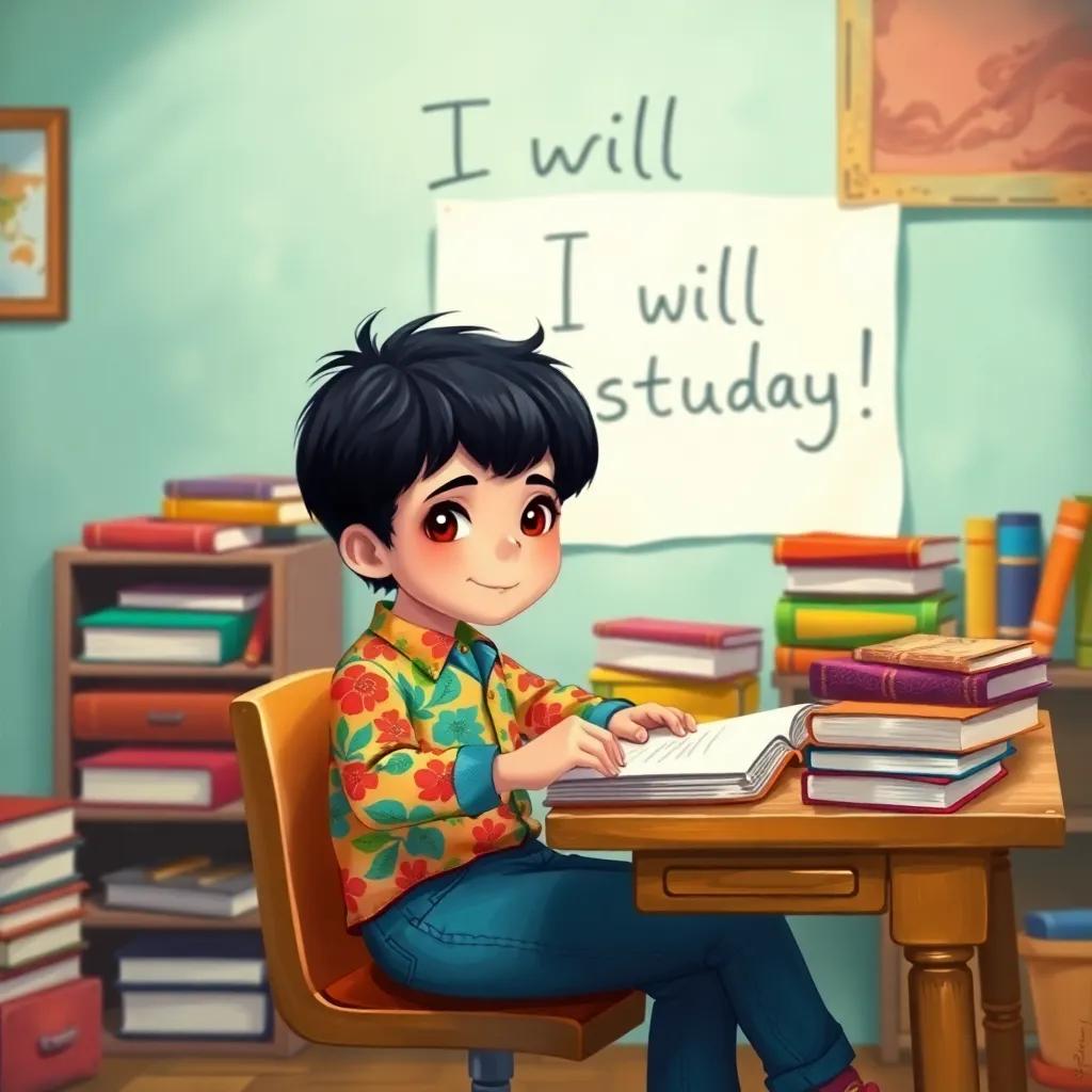 A young boy, Ali, with short black hair, wearing a colorful shirt and jeans, sitting at his study desk with books spread around him, looking determined and focused, with a handwritten note saying 'I will study!' in the background, illustration, vibrant colors, uplifting, storytelling view, child-friendly