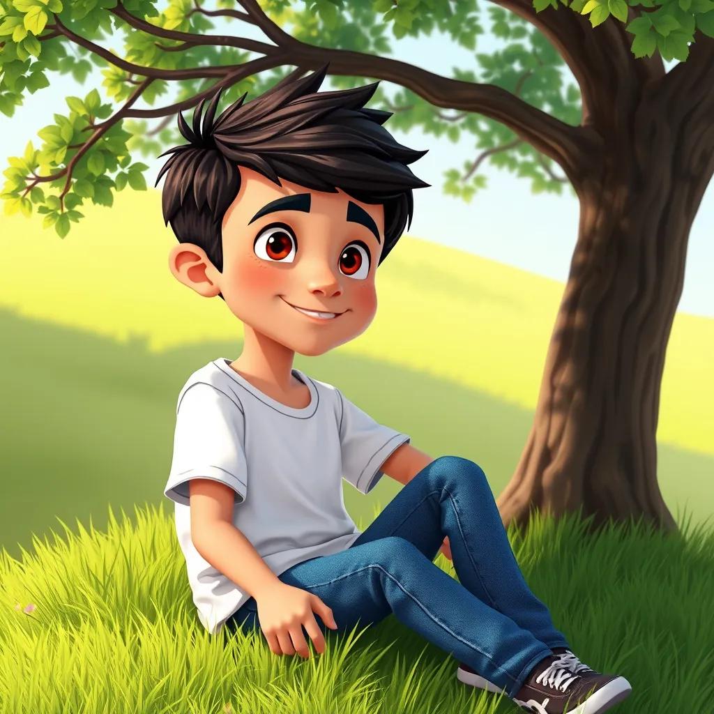 A young Arab boy, Rami, with short dark hair, wearing a t-shirt and jeans, sitting on a grassy hill under a tree, smiling as he thinks about his uniqueness, digital art, bright colors, cheerful atmosphere, high quality