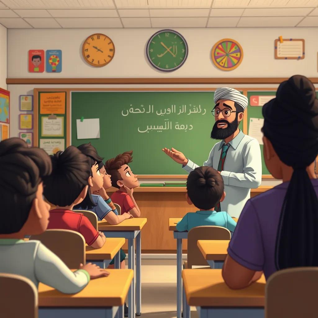 A classroom scene with an Arab teacher discussing self-identity, multi-ethnic children sitting at their desks listening attentively, classroom decorations in the background, illustration, engaging and warm, high quality