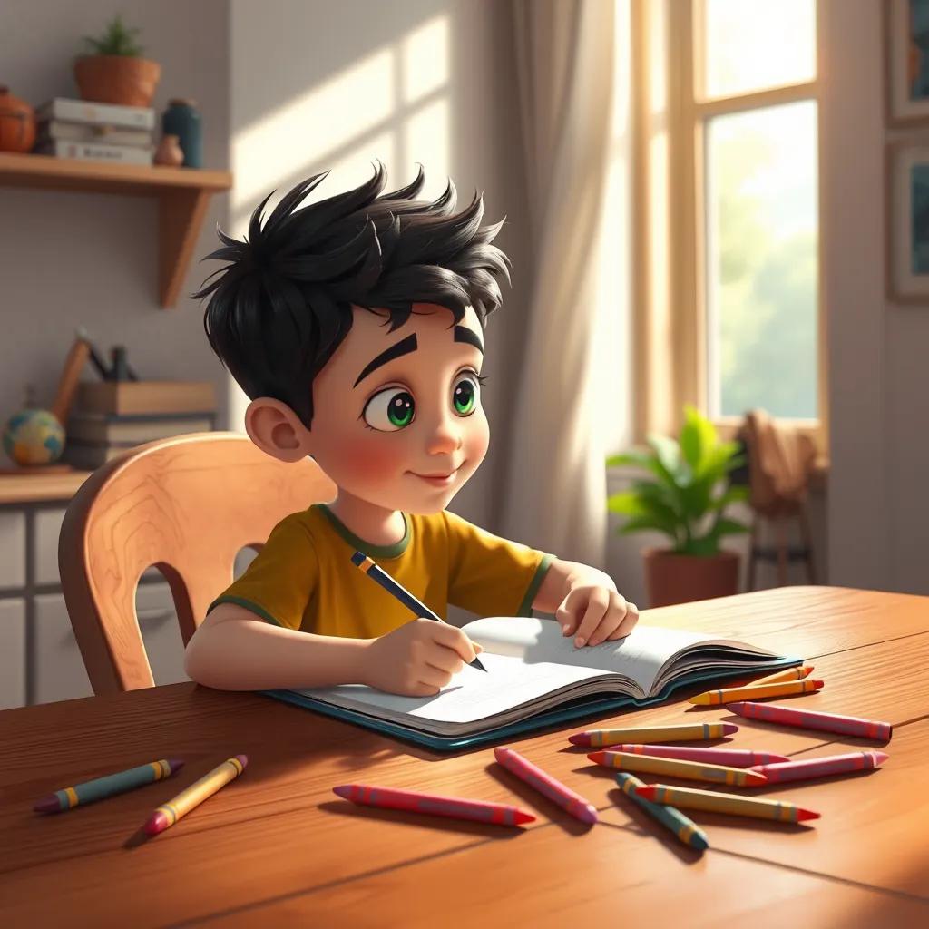 Rami at home, sitting at a wooden table, writing in a notebook with crayons scattered around, sunlight coming through a window, cozy and creative setup, digital painting, inviting colors, child-friendly and uplifting
