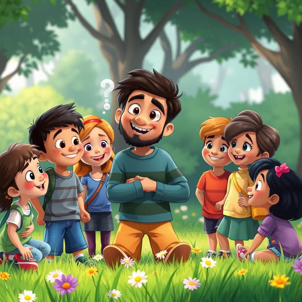 Rami sharing his thoughts with friends in a park, diverse group of children smiling and talking, green grass and flowers around them, illustration, vibrant, happy environment, high quality