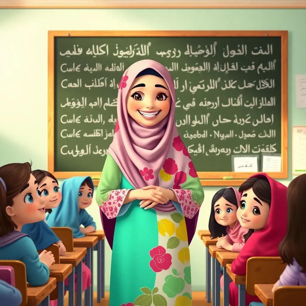 A cheerful Arabic teacher, wearing a colorful abaya, standing in front of a blackboard filled with Arabic letters and words, with a classroom full of curious young girls, bright colors, inviting atmosphere, digital art, high quality