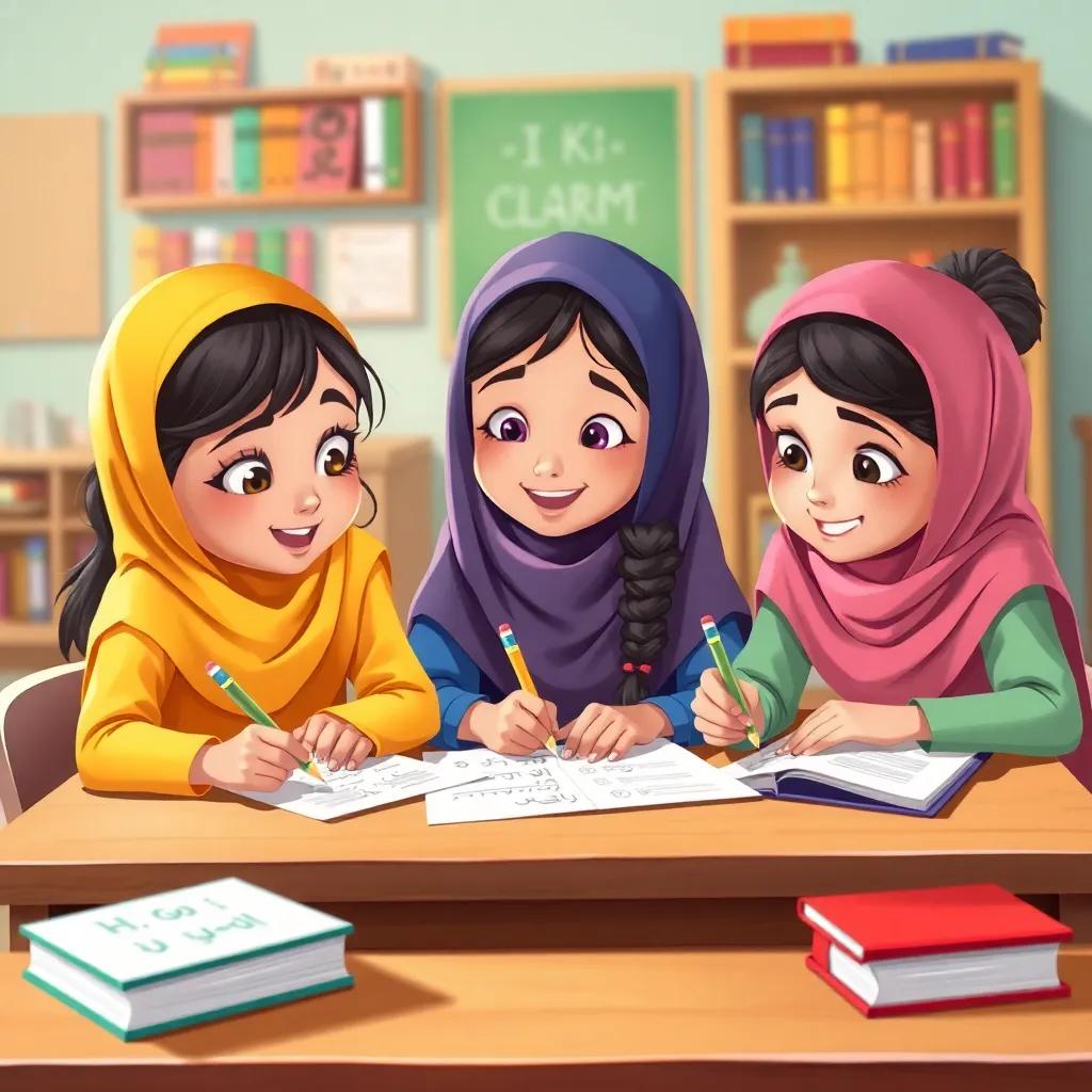 Three young Arab girls, students in colorful school uniforms, sitting at a wooden table with papers and pencils, excitedly writing their stories about جمع المذكر السالم, surrounded by books, colorful classroom background, illustration, joyful, warm light, child-friendly