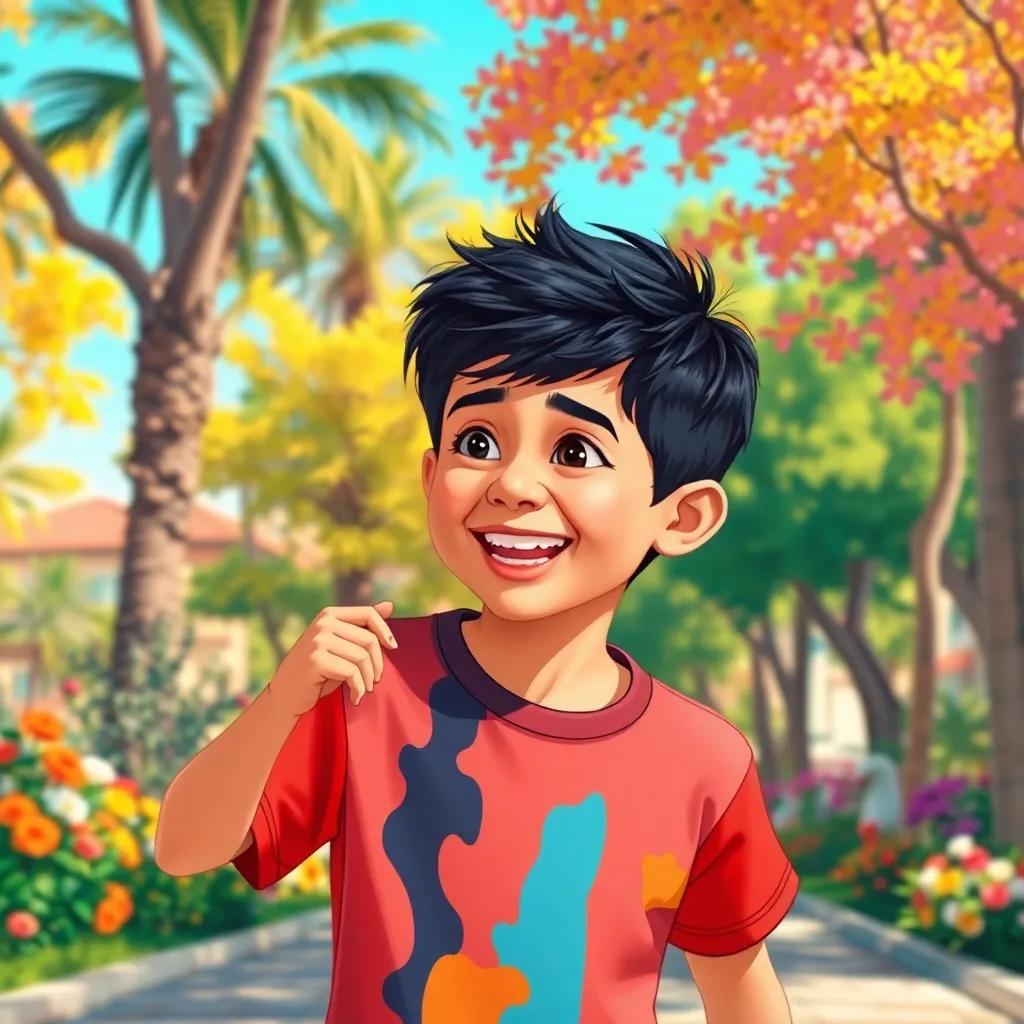 A young Arab boy, Sami, with short black hair and a colorful t-shirt, playing happily in a sunny village park filled with trees and flowers, vibrant colors, cheerful mood