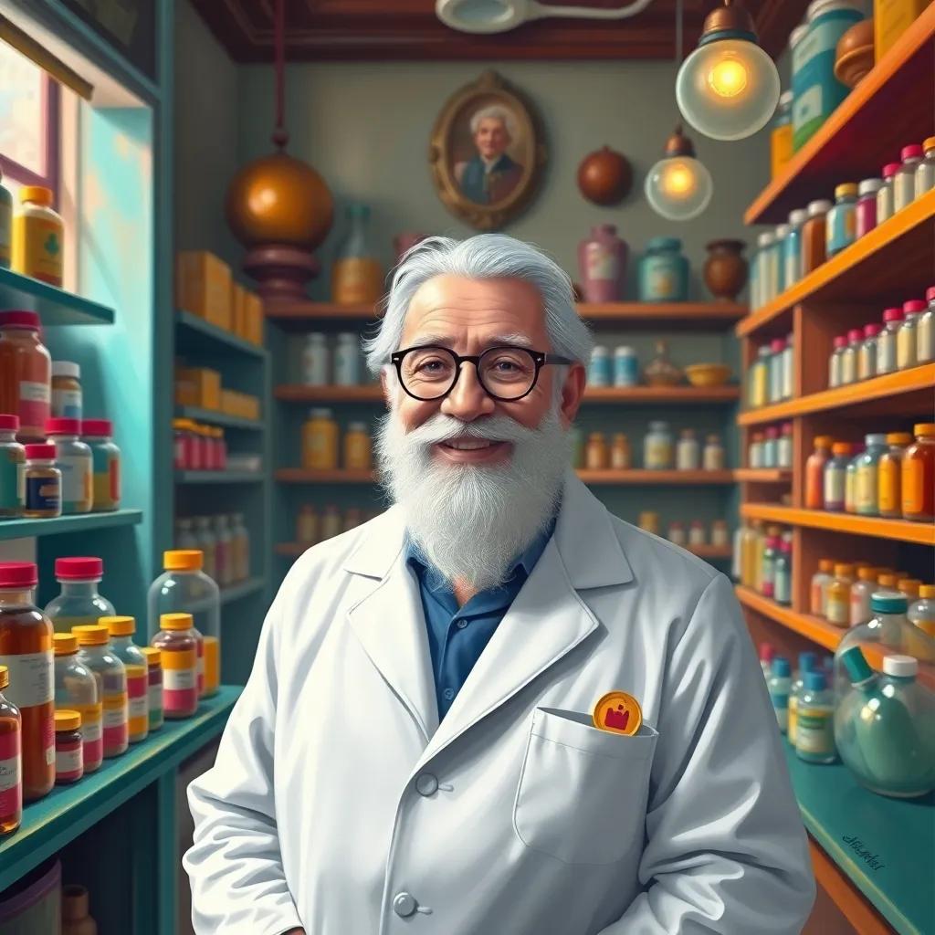 A wise old man, Uncle Farid, with a white beard and glasses, wearing a pharmacist coat, smiling warmly as he stands behind a colorful pharmacy counter filled with jars and medicine, digital art, cheerful atmosphere, bright colors, inviting