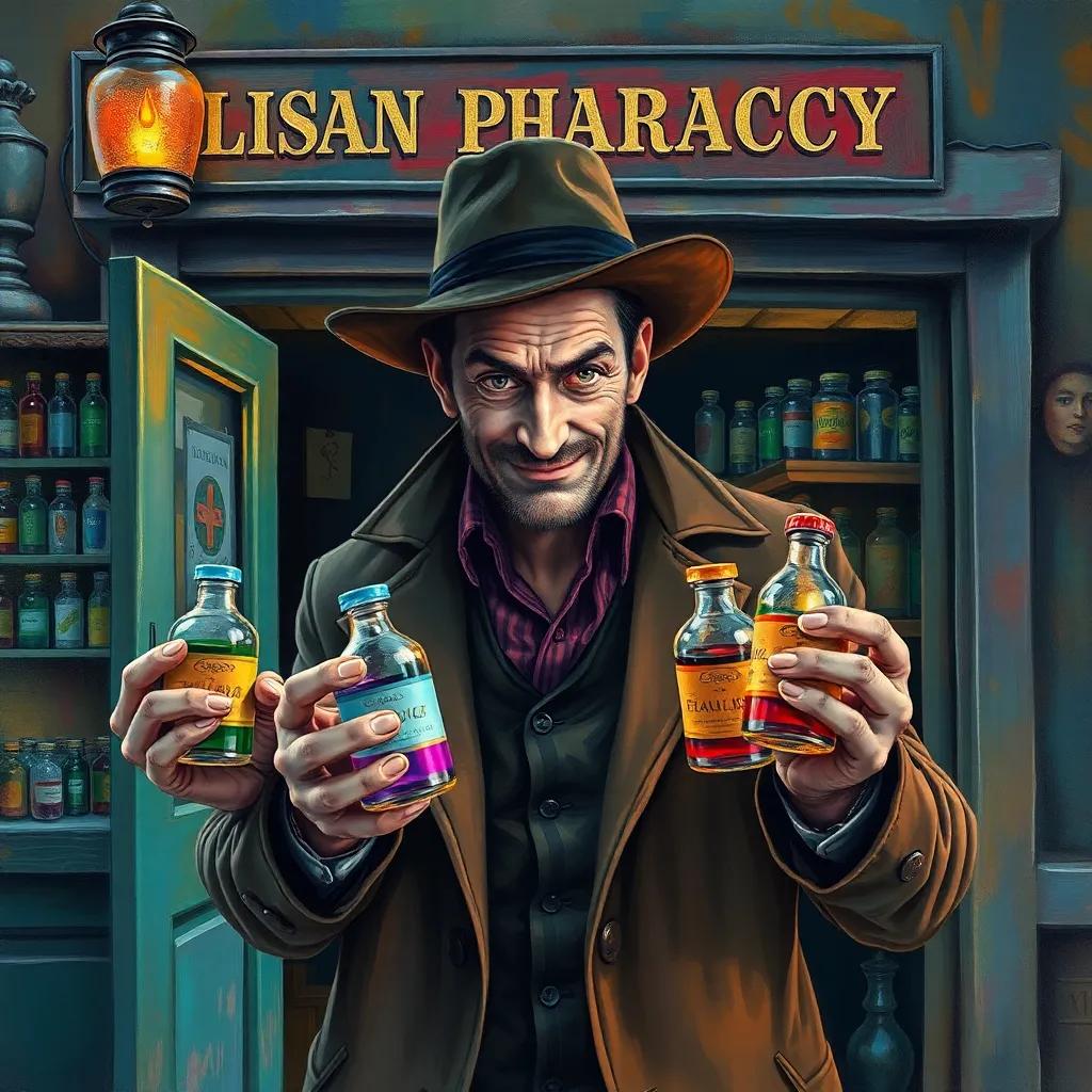 A mysterious man with a sly smile, holding colorful medicine bottles, wearing a tattered coat, standing outside a quaint pharmacy, looking suspicious, colorful, bright light, intriguing