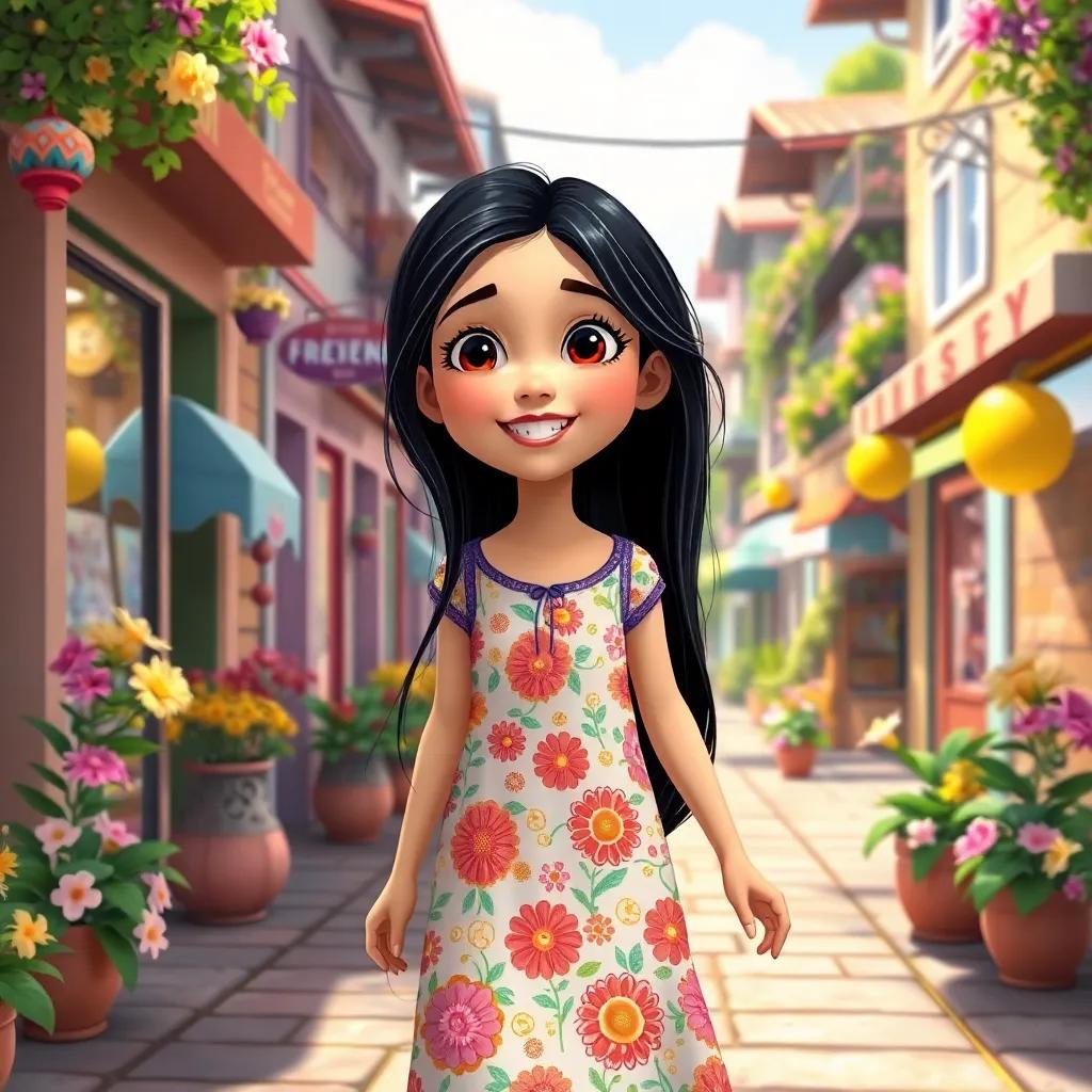A warm and sunny morning, a young Arab girl, طيب, with long black hair wearing a colorful dress, walking happily through a vibrant town with blooming flowers and friendly shops, digital art, cheerful atmosphere, bright colors, inviting scenery
