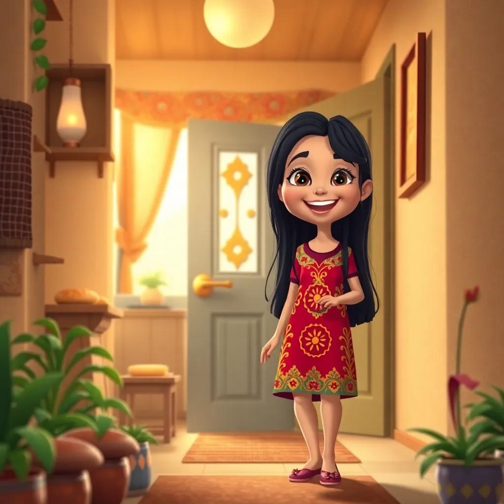 A cozy house with the scent of fresh bread, طيب, a young Arab girl with long black hair wearing a colorful dress, happily entering her grandmother's house with a big smile, warm light, homey feel, rich colors