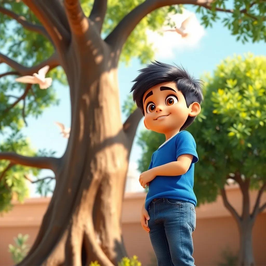 A young Arab boy, Aatif, with short black hair, wearing a blue t-shirt and jeans, standing next to a big green tree, looking excitedly for birds, digital art, cheerful atmosphere, warm sunlight, vibrant colors, child-friendly