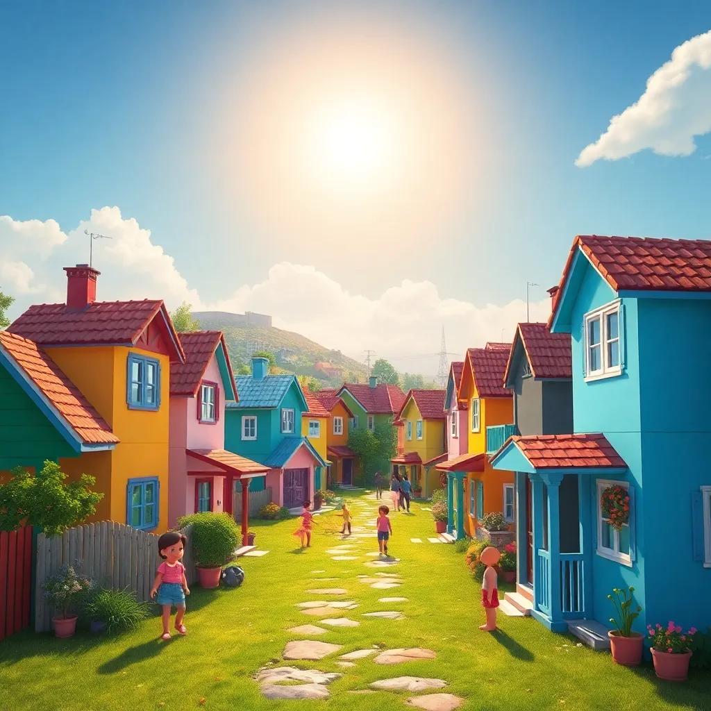 A small village with colorful houses and children playing outside under a sunny sky, vibrant and cheerful atmosphere, digital art, bright colors, engaging perspective, high quality