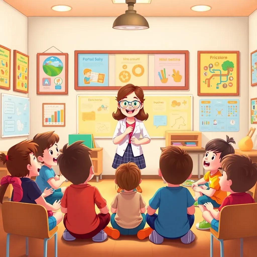 A classroom scene where a friendly teacher, Ms. Sara, speaks to excited children sitting in a circle, surrounded by educational posters, cozy and warm, digital illustration, inviting colors, joyful expressions