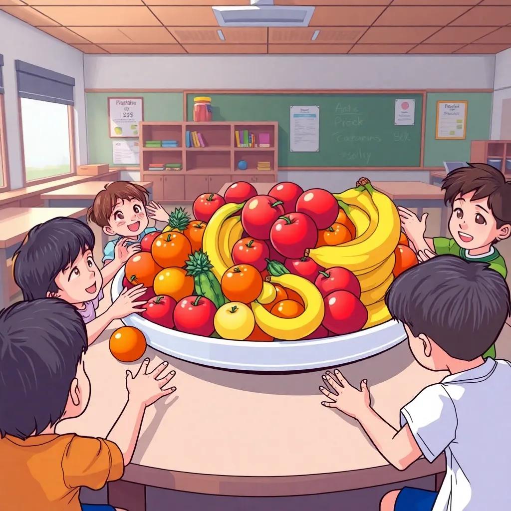 A large plate filled with fresh fruits like apples, bananas, and oranges, on a table in a classroom, children reaching out to take some, colorful and appetizing, detailed illustration, cheerful atmosphere