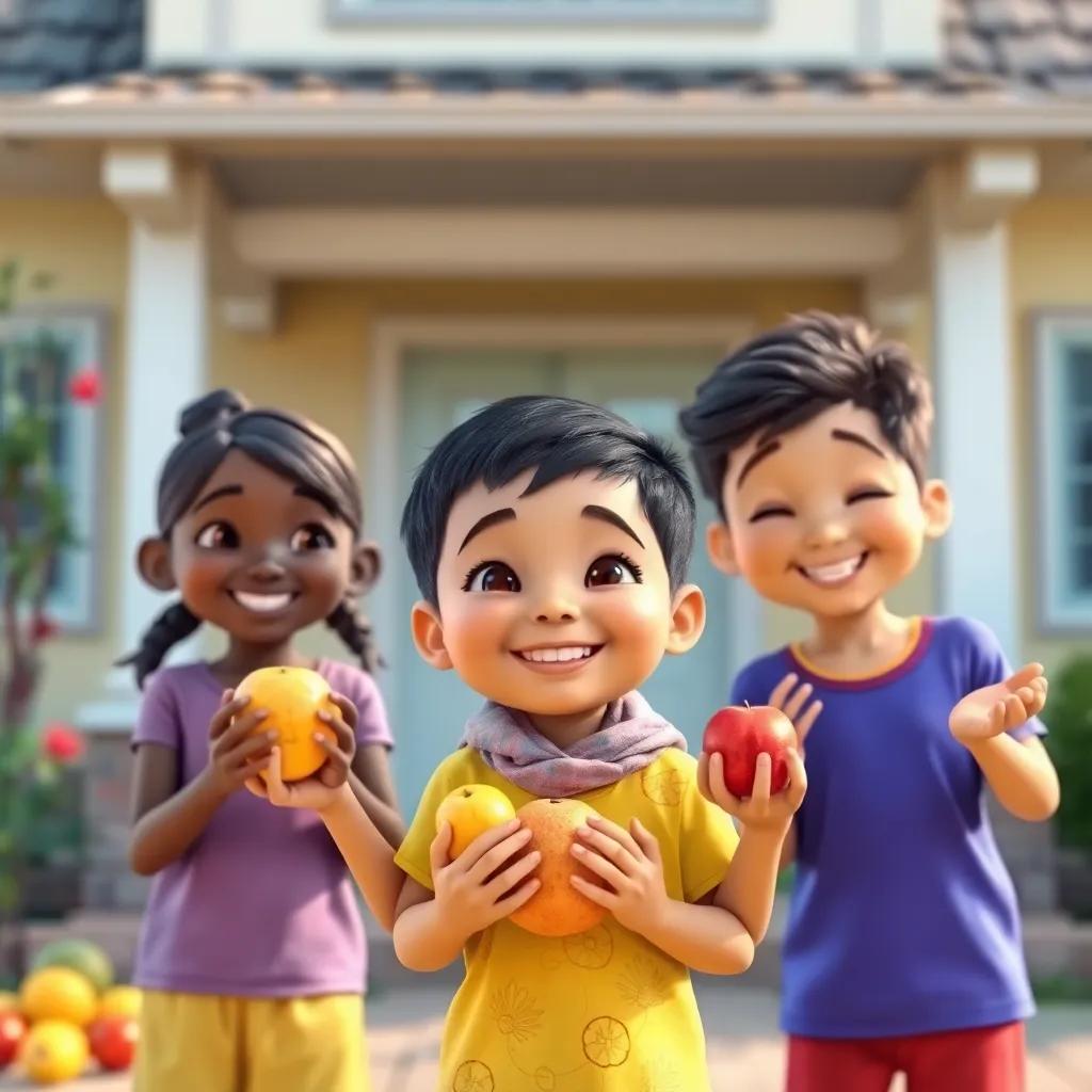 A child, Yahiya, smiling with friends while holding fruits in their hands, standing in front of a friendly neighbor's home, bright colors, happy expressions, community spirit
