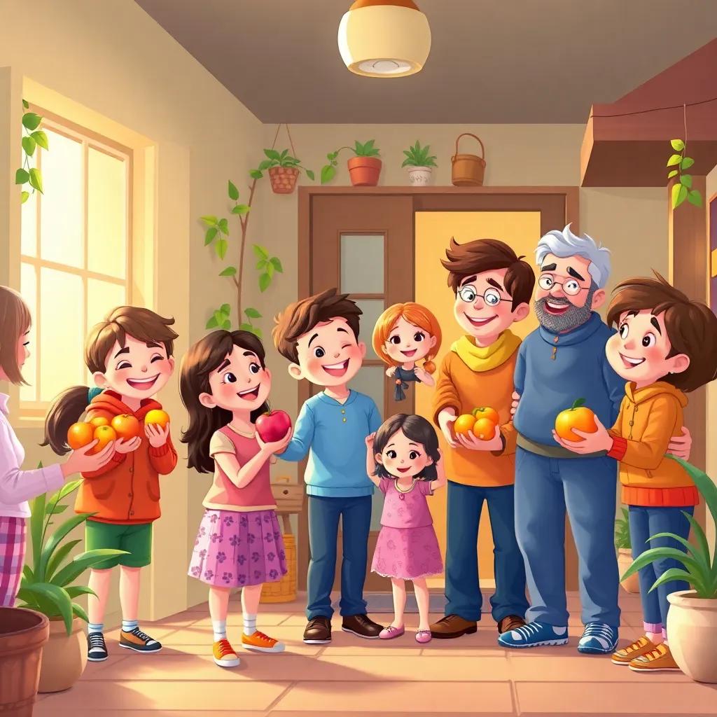 A joyful scene of children giving fruits to grateful neighbors in a cozy home setting, everyone smiling and holding hands, warm and heartwarming, colorful, engaging art style