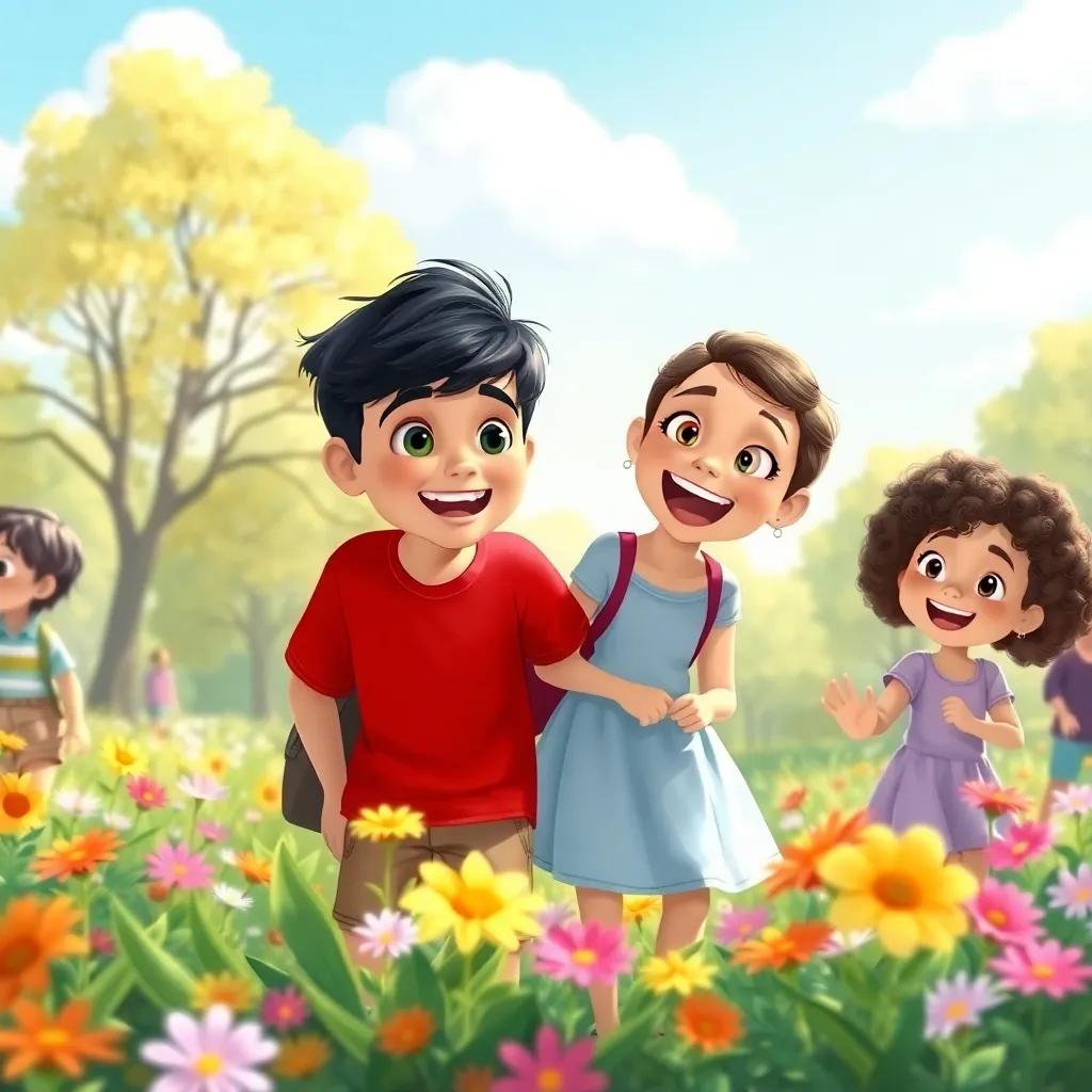 A sunny day in a park, children gathering happily, Sami with short black hair wearing a red shirt, Leila with curly hair in a light blue dress, excited expressions, colorful flowers around, cheerful atmosphere, digital art, bright colors, engaging scene