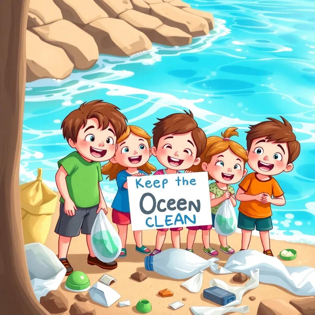 Children cleaning by the ocean, collecting trash with smiles, Hamed with brown hair and a green T-shirt, holding a sign that says 'Keep the Ocean Clean', singing together, bright blue ocean waves, warm sunshine, lively and colorful illustration