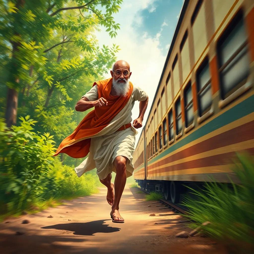 A determined man, Mahatma Gandhi, running swiftly towards a moving train, wearing traditional Indian attire, with a look of urgency, surrounded by greenery, bright sunlight, lively atmosphere, digital art, detailed, vibrant colors, perspective from the ground, high quality