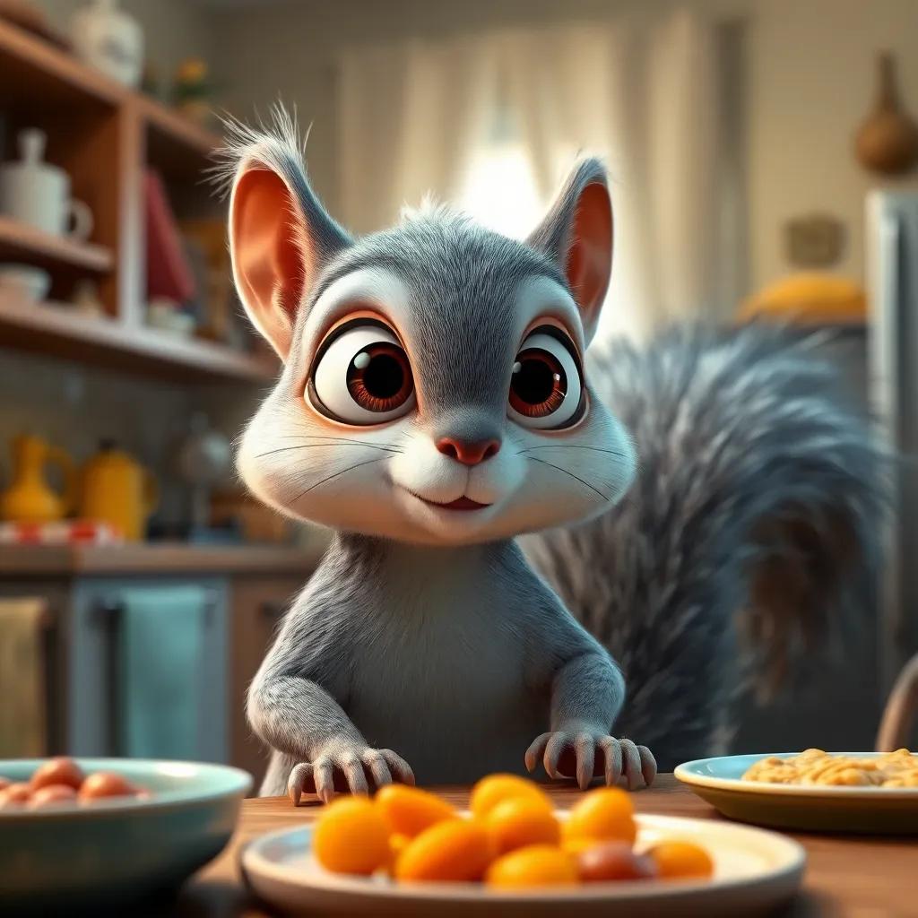 A surprised gray squirrel named Sami, with big eyes and a bushy tail, looking at Fadi who just entered his home without permission, messy kitchen with food on a table, warm light, humorous expression