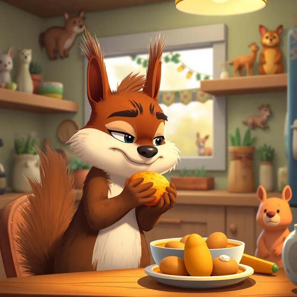 A furry squirrel, Sami, chewing food with a full mouth, looking a bit annoyed with Fadi, they are inside a cozy kitchen filled with woodland animal decorations, cartoonish style, colorful warmth