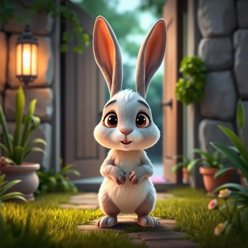 A sheepish rabbit, Fadi, with big eyes, standing at the doorway of Sami's house, looking apologetic, an inviting setting with plants and trees surrounding, soft and welcoming tone