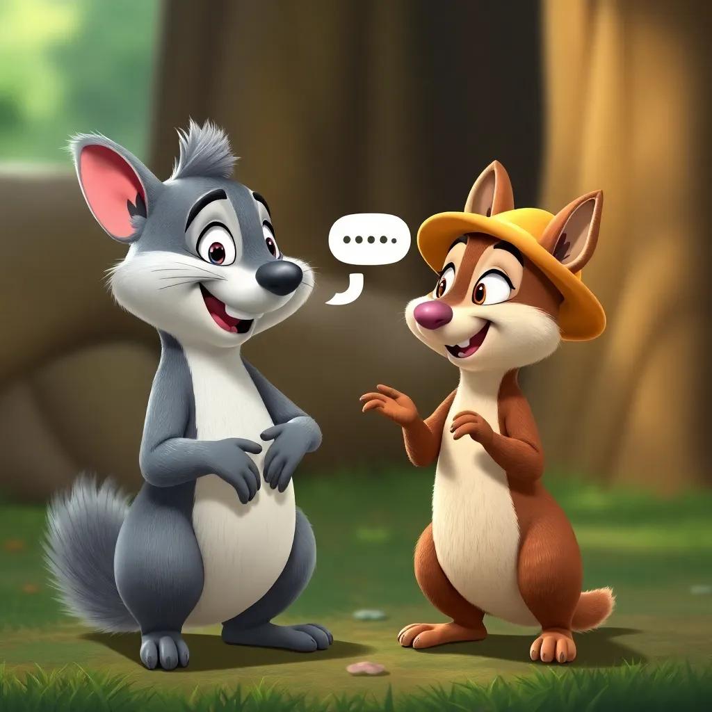 A cheerful gray squirrel, Sami, smiling and instructing Fadi gently about knocking, with a friendly atmosphere showing respect and camaraderie, lighthearted and colorful