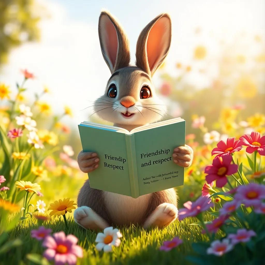 A small rabbit, Fadi, sitting in a lovely garden filled with flowers, holding a book about friendship and respect, bright sunshine casting happy shadows, artistic and warm
