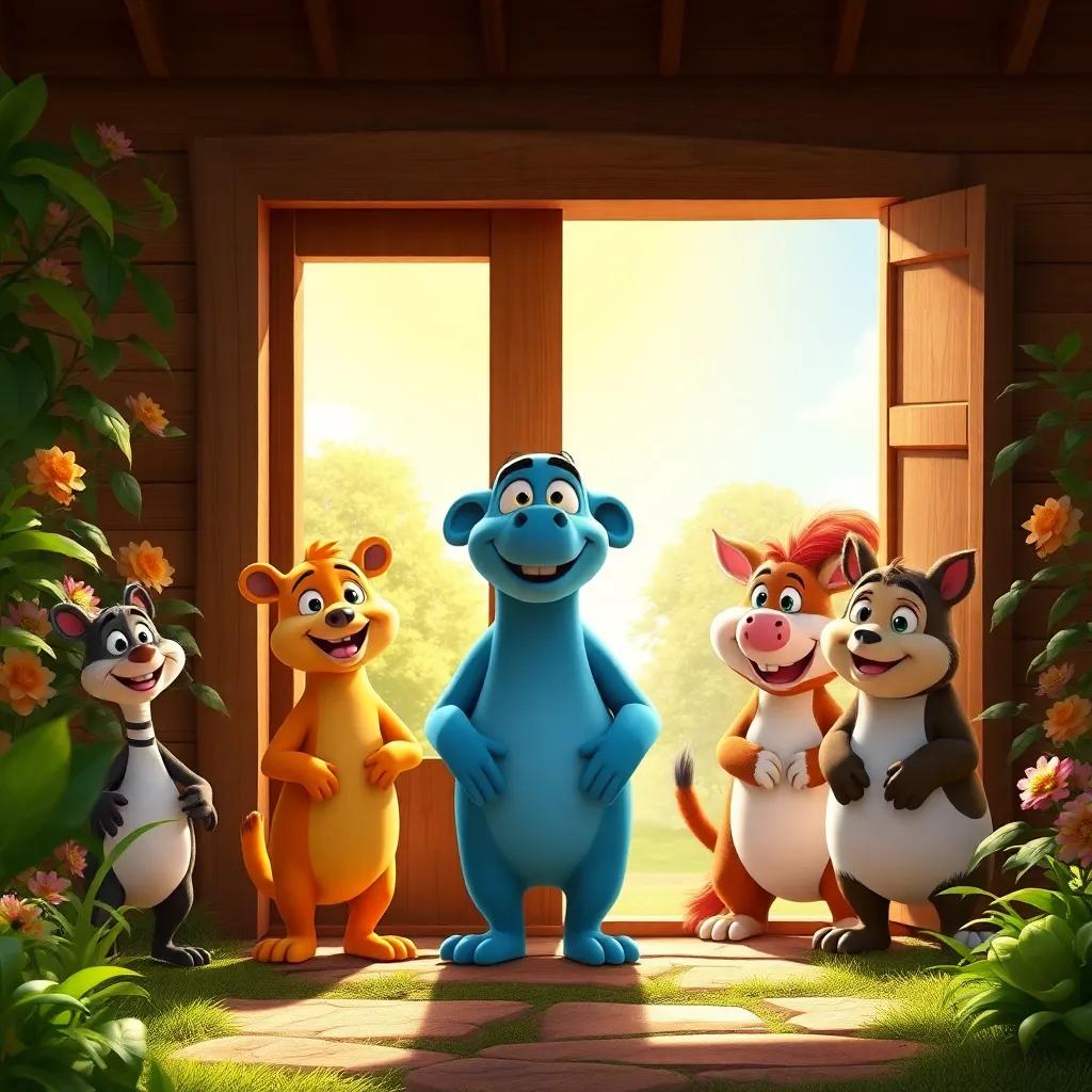 A sunny day in Fadi's garden with his animal friends waiting at the door, prepared to enter after knocking, joyful expressions showcasing excitement and friendship, cartoon style